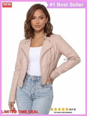 Faux Leather Moto Jacket Aviator Band Collar Long Sleeve Womens